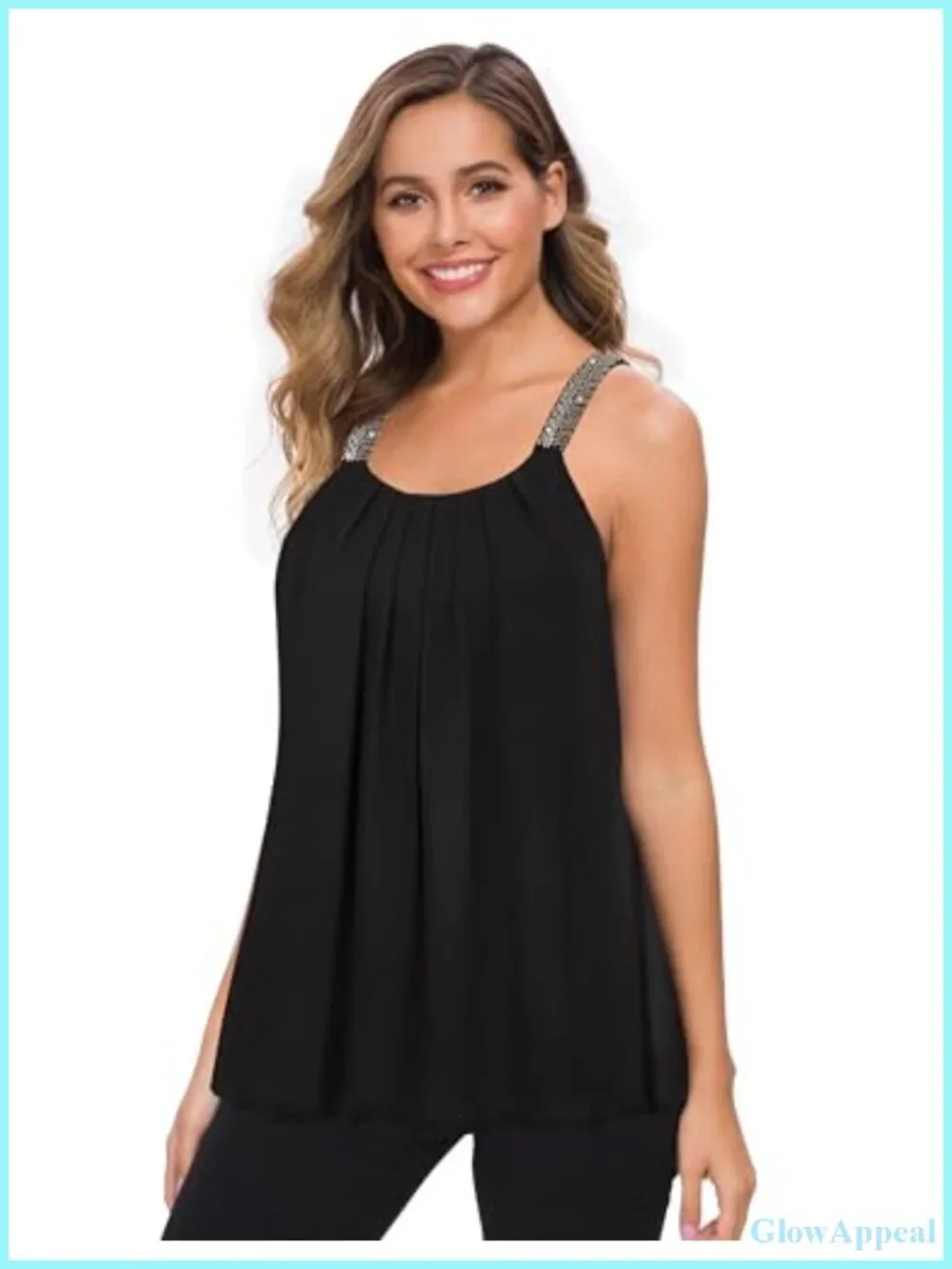 Plus Size Pleated Chiffon Tank Top with Beaded Strap